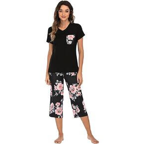 iChunhua Comfy Lounge Sets for Women Short Sleeve V-Neck Tops and Floral Print Wide Leg Pants Loose Capri Pajama Set