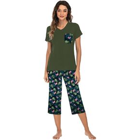 iChunhua Comfy Lounge Sets for Women Short Sleeve V-Neck Tops and Floral Print Wide Leg Pants Loose Capri Pajama Set