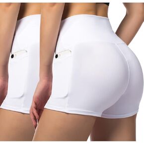 Starlemon Women's 3" High Waist Yoga Shorts Tummy Control Spandex Workout Biker Volleyball Shorts for Womens with Side Pockets White/White, Large in Kuwait