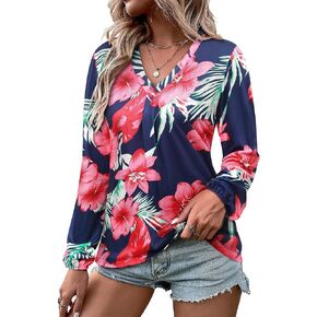 ZXZY Womens Hawaiian Shirt Vintage Leaf Floral Printed Tropical Tops V Neck Puff Long Sleeves Shirts in Kuwait