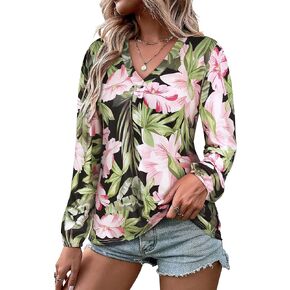 ZXZY Womens Hawaiian Shirt Vintage Leaf Floral Printed Tropical Tops V Neck Puff Long Sleeves Shirts