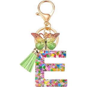 Besvatsy Fashion Alphabet Initial Letter Keychain Tassel Butterfly Pendant Key Ring for Women Girls Purse Handbags