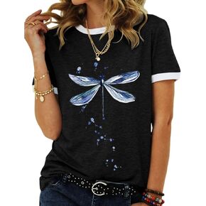 JNIFULI Women's Graphic Tees Casual Summer Funny Dragonfly Printed Short Sleeve Cute T Shirts Tops in Kuwait
