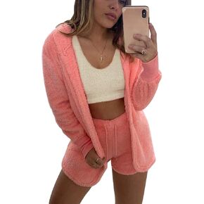 VNVNE Womens Sexy Fuzzy Warm Sherpa Fleece 3 Piece Outfit Fleece Coat Jacket Outwear and Spaghetti Strap Crop Top Shorts Set in Kuwait