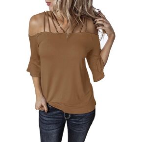 Hilltichu Womens Spaghetti Straps Cold Shoulder Shirts Casual Half Sleeve Tops