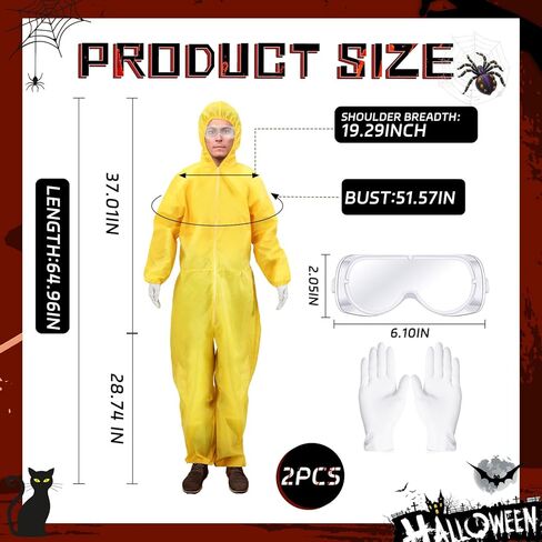 Liitrsh مجموعتان من بدلة المواد الخطرة الصفراء لزي الهالوين للبالغين من الرجال والنساء، مقاس قياسي، تتضمن نظارات بذلة صفراء وقفازات بيضاء وغطاء لحفلات الهالوين للعب الأدوار التنكرية للهالوين in Kuwait