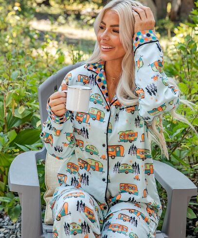 Lazy One Button-Down Adult Pajama Set, Classic Button-Down Shirt and Pants Pjs in Kuwait
