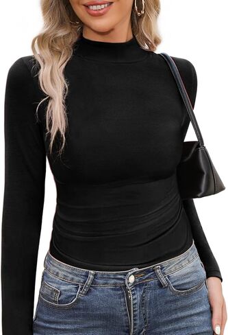 قمصان HWOKEFEIYU النسائية ذات الرقبة الطويلة والأكمام الطويلة، قمصان علوية مضلعة in Kuwait