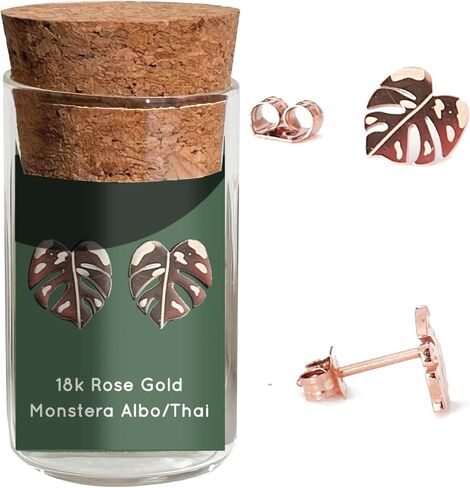 Plant Dosage Monstera Albo Thai Constellation Stud Earrings – Houseplant-Nature-inspired Jewelry – Stainless Steel – 18k Gold Plated – 18k Rose-Gold Plated – Cute Glass Jar Packaging – Plastic-Free in Kuwait