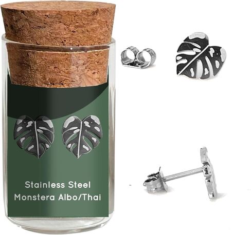 Plant Dosage Monstera Albo Thai Constellation Stud Earrings – Houseplant-Nature-inspired Jewelry – Stainless Steel – 18k Gold Plated – 18k Rose-Gold Plated – Cute Glass Jar Packaging – Plastic-Free in Kuwait