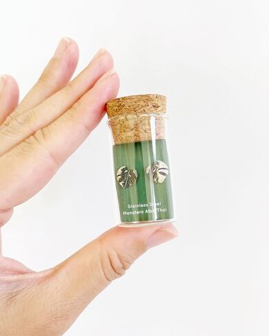 Plant Dosage Monstera Albo Thai Constellation Stud Earrings – Houseplant-Nature-inspired Jewelry – Stainless Steel – 18k Gold Plated – 18k Rose-Gold Plated – Cute Glass Jar Packaging – Plastic-Free in Kuwait
