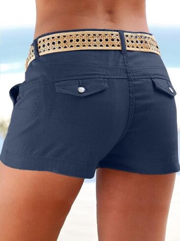 Flamingals Women's Hiking Shorts Mid Waist Solid Slant Pocket Shorts Casual Summer Without Belt 2023 Trendy in Kuwait