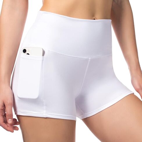 Starlemon Women's 3" High Waist Yoga Shorts Tummy Control Spandex Workout Biker Volleyball Shorts for Womens with Side Pockets White/White, Large in Kuwait