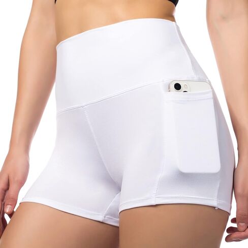 Starlemon Women's 3" High Waist Yoga Shorts Tummy Control Spandex Workout Biker Volleyball Shorts for Womens with Side Pockets White/White, Large in Kuwait