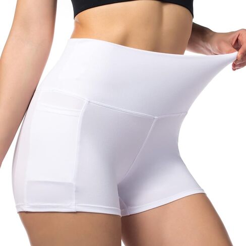 Starlemon Women's 3" High Waist Yoga Shorts Tummy Control Spandex Workout Biker Volleyball Shorts for Womens with Side Pockets White/White, Large in Kuwait