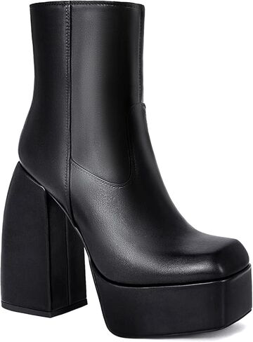 LVSEEMAN إمرأة موضة مكتنزة كعب حذاء من الجلد منصة كتلة ساحة تو الجانب سستة تصميم الشرير القتالية دراجة نارية الأحذية in Kuwait