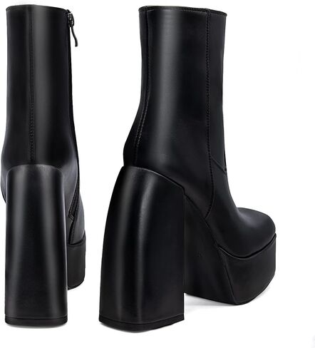 LVSEEMAN إمرأة موضة مكتنزة كعب حذاء من الجلد منصة كتلة ساحة تو الجانب سستة تصميم الشرير القتالية دراجة نارية الأحذية in Kuwait