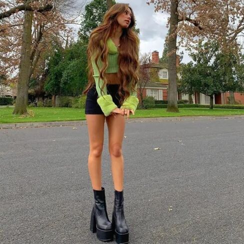 LVSEEMAN إمرأة موضة مكتنزة كعب حذاء من الجلد منصة كتلة ساحة تو الجانب سستة تصميم الشرير القتالية دراجة نارية الأحذية in Kuwait