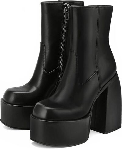 LVSEEMAN إمرأة موضة مكتنزة كعب حذاء من الجلد منصة كتلة ساحة تو الجانب سستة تصميم الشرير القتالية دراجة نارية الأحذية in Kuwait