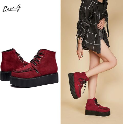 RoseG Women's High Top Suede Lace Up Flat Platform Creepers Shoes Boots in Saudi Arabia