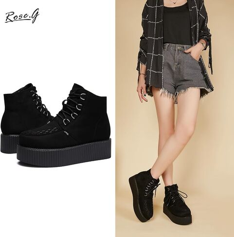 RoseG Women's High Top Suede Lace Up Flat Platform Creepers Shoes Boots in Saudi Arabia