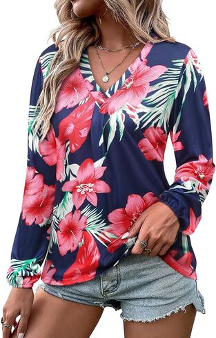 ZXZY Womens Hawaiian Shirt Vintage Leaf Floral Printed Tropical Tops V Neck Puff Long Sleeves Shirts in Kuwait