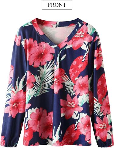 ZXZY Womens Hawaiian Shirt Vintage Leaf Floral Printed Tropical Tops V Neck Puff Long Sleeves Shirts in Kuwait