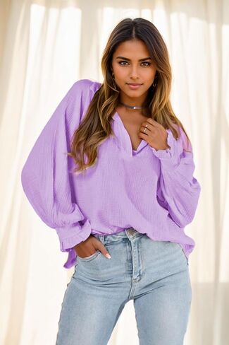 بلوزات قطنية من ABMOIU للسيدات كاجوال برقبة على شكل حرف V وفضفاضة وقميص عصري وأكمام طويلة in Kuwait