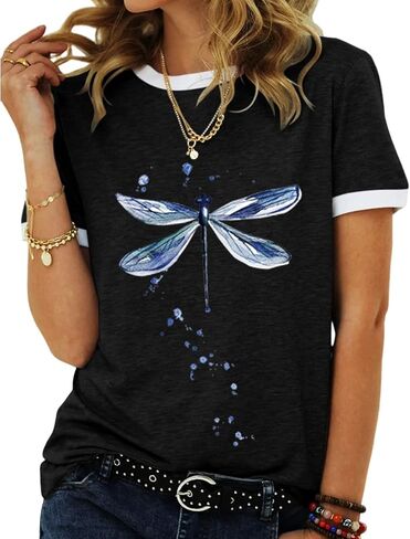 JNIFULI Women's Graphic Tees Casual Summer Funny Dragonfly Printed Short Sleeve Cute T Shirts Tops in Kuwait