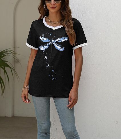 JNIFULI Women's Graphic Tees Casual Summer Funny Dragonfly Printed Short Sleeve Cute T Shirts Tops in Kuwait