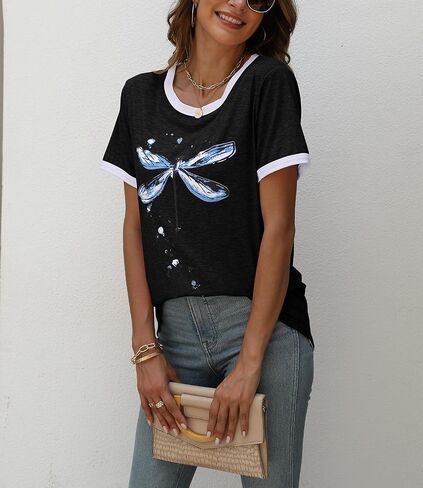 JNIFULI Women's Graphic Tees Casual Summer Funny Dragonfly Printed Short Sleeve Cute T Shirts Tops in Kuwait