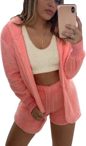 VNVNE Womens Sexy Fuzzy Warm Sherpa Fleece 3 Piece Outfit Fleece Coat Jacket Outwear and Spaghetti Strap Crop Top Shorts Set in Kuwait