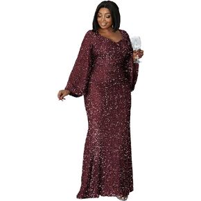 فستان Miss ord نسائي رسمي بمقاس كبير مزين بالترتر وفتحة رقبة على شكل حرف V للحفلات الراقصة، فستان سهرة طويل الأكمام يصل إلى الأرض in Kuwait