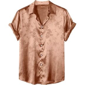 Falainetee Men's Satin Short Sleeve Button Down Floral Print Shirts Top