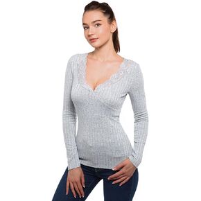 AmélieBoutik Women Lace Trim V Neck Faux Wrap Empire Waist Ribbed Long Sleeve Knit Top