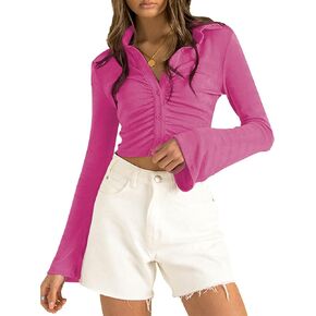 LYANER Women's Collar Button Down Ruched Long Sleeve Fitted Crop Tee Shirt Top
