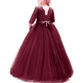 Flower Girls 3/4 Sleeve Deep V-Back Tulle Vintage Lace Wedding Party Long Dress Princess Communion Pageant Maxi Gown in Kuwait