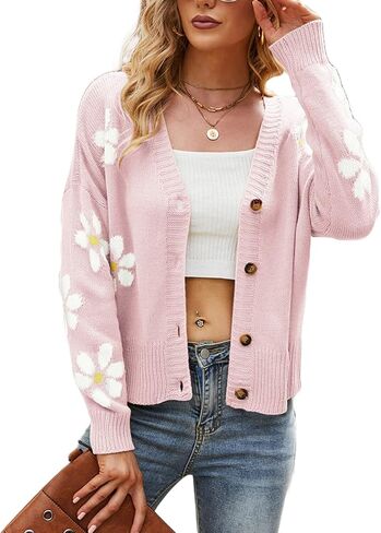 سترة صوفية نسائية مقصوصة من Argyle بأكمام طويلة بلون الكرز ورقبة على شكل حرف V وسترات منسوجة بأزرار وقمصان علوية in Kuwait