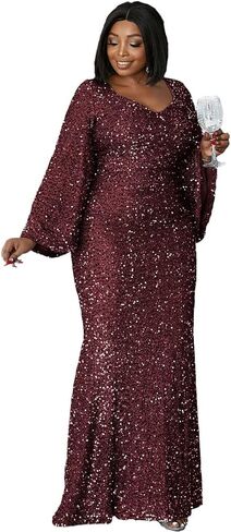 فستان Miss ord نسائي رسمي بمقاس كبير مزين بالترتر وفتحة رقبة على شكل حرف V للحفلات الراقصة، فستان سهرة طويل الأكمام يصل إلى الأرض in Kuwait