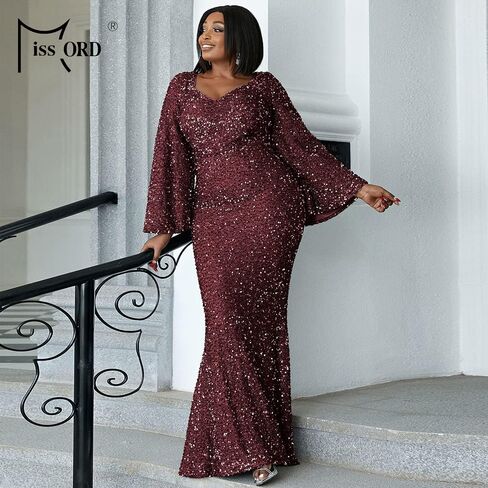 فستان Miss ord نسائي رسمي بمقاس كبير مزين بالترتر وفتحة رقبة على شكل حرف V للحفلات الراقصة، فستان سهرة طويل الأكمام يصل إلى الأرض in Kuwait