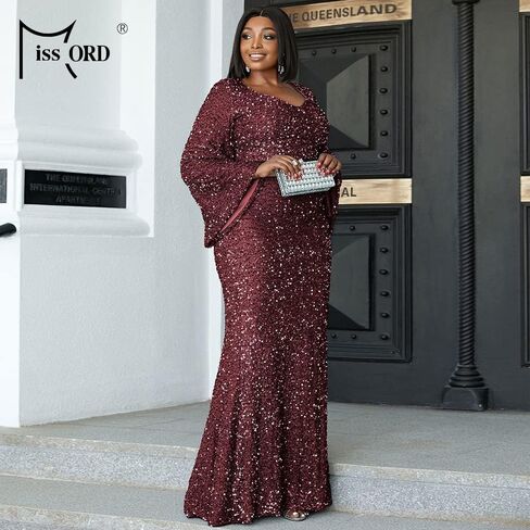 فستان Miss ord نسائي رسمي بمقاس كبير مزين بالترتر وفتحة رقبة على شكل حرف V للحفلات الراقصة، فستان سهرة طويل الأكمام يصل إلى الأرض in Kuwait