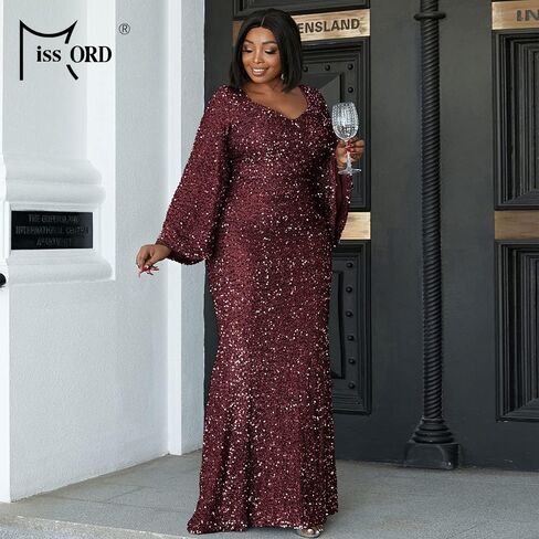 فستان Miss ord نسائي رسمي بمقاس كبير مزين بالترتر وفتحة رقبة على شكل حرف V للحفلات الراقصة، فستان سهرة طويل الأكمام يصل إلى الأرض in Kuwait