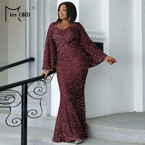 فستان Miss ord نسائي رسمي بمقاس كبير مزين بالترتر وفتحة رقبة على شكل حرف V للحفلات الراقصة، فستان سهرة طويل الأكمام يصل إلى الأرض in Kuwait