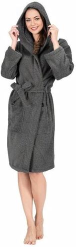 Classic Turkish Towels Unisex Premium Cotton Hooded Bathrobe - Luxury Plush Long Terry Cloth Robe, Grey (Medium/Large) in Kuwait