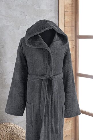 Classic Turkish Towels Unisex Premium Cotton Hooded Bathrobe - Luxury Plush Long Terry Cloth Robe, Grey (Medium/Large) in Kuwait