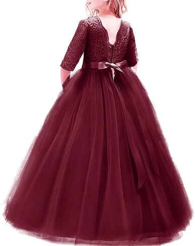 Flower Girls 3/4 Sleeve Deep V-Back Tulle Vintage Lace Wedding Party Long Dress Princess Communion Pageant Maxi Gown in Kuwait