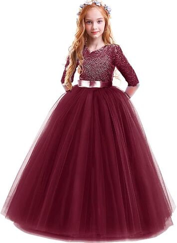 Flower Girls 3/4 Sleeve Deep V-Back Tulle Vintage Lace Wedding Party Long Dress Princess Communion Pageant Maxi Gown in Kuwait