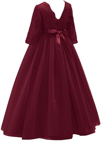 Flower Girls 3/4 Sleeve Deep V-Back Tulle Vintage Lace Wedding Party Long Dress Princess Communion Pageant Maxi Gown in Kuwait