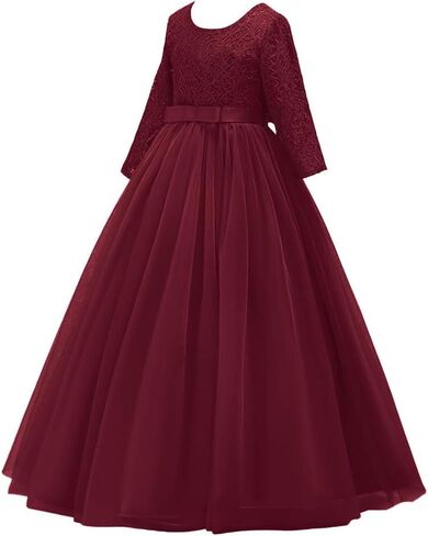 Flower Girls 3/4 Sleeve Deep V-Back Tulle Vintage Lace Wedding Party Long Dress Princess Communion Pageant Maxi Gown in Kuwait