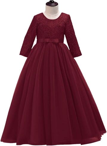 Flower Girls 3/4 Sleeve Deep V-Back Tulle Vintage Lace Wedding Party Long Dress Princess Communion Pageant Maxi Gown in Kuwait